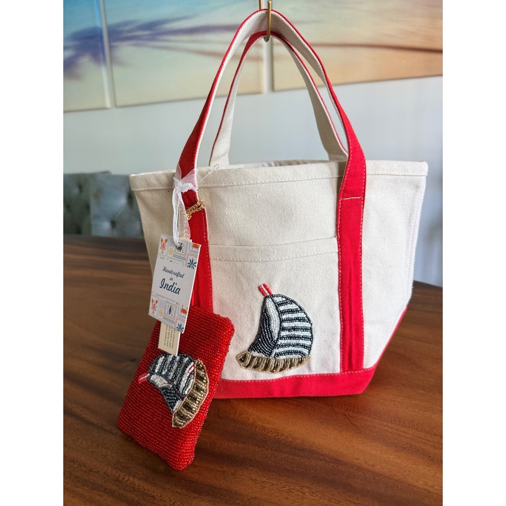 Handcrafted in India Sailboat Beaded Canvas Tote Bag & Pouch Set Red Cream NWT